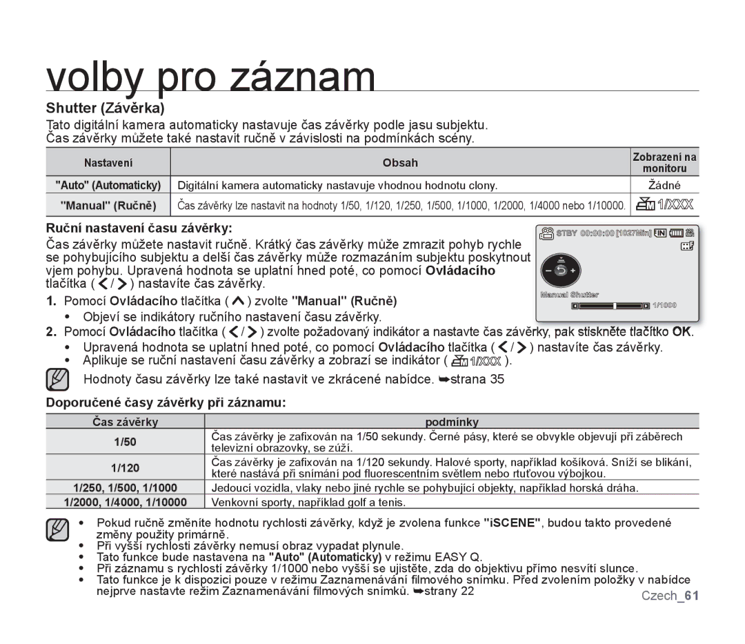 Samsung SMX-F30BP/EDC manual Shutter Závěrka, Ruční nastavení času závěrky, Pomocí Ovládacího tlačítka zvolte Manual Ručně 