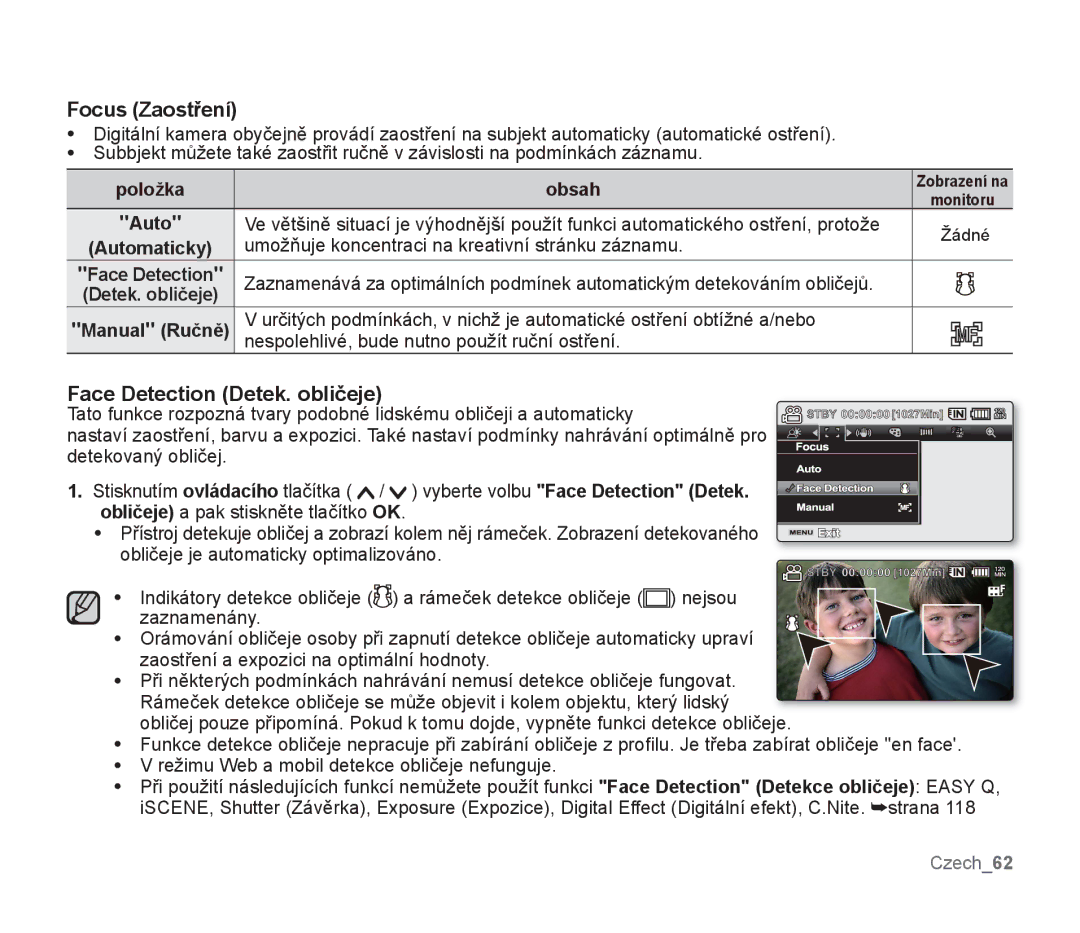 Samsung SMX-F30LP/EDC Focus Zaostření, Face Detection Detek. obličeje, Umožňuje koncentraci na kreativní stránku záznamu 