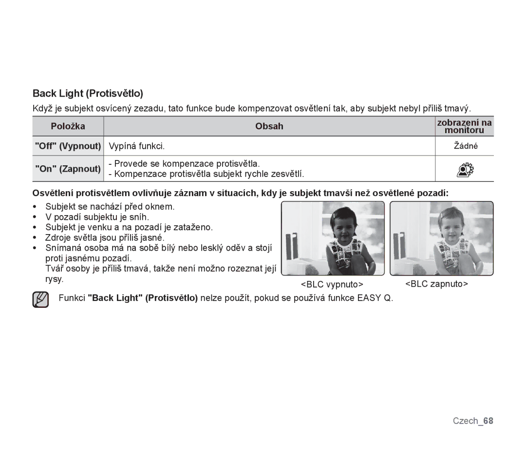 Samsung SMX-F30RP/EDC, SMX-F33BP/EDC, SMX-F30SP/EDC, SMX-F30BP/XEU, SMX-F30BP/EDC, SMX-F30LP/EDC manual Back Light Protisvětlo 