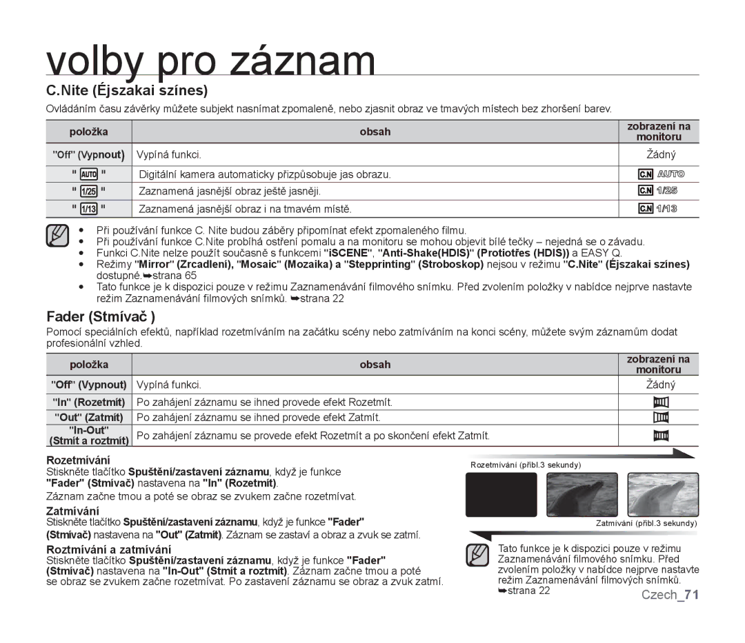 Samsung SMX-F30LP/EDC, SMX-F33BP/EDC, SMX-F30SP/EDC, SMX-F30RP/EDC, SMX-F30BP/XEU manual Nite Éjszakai színes, Fader Stmívač 