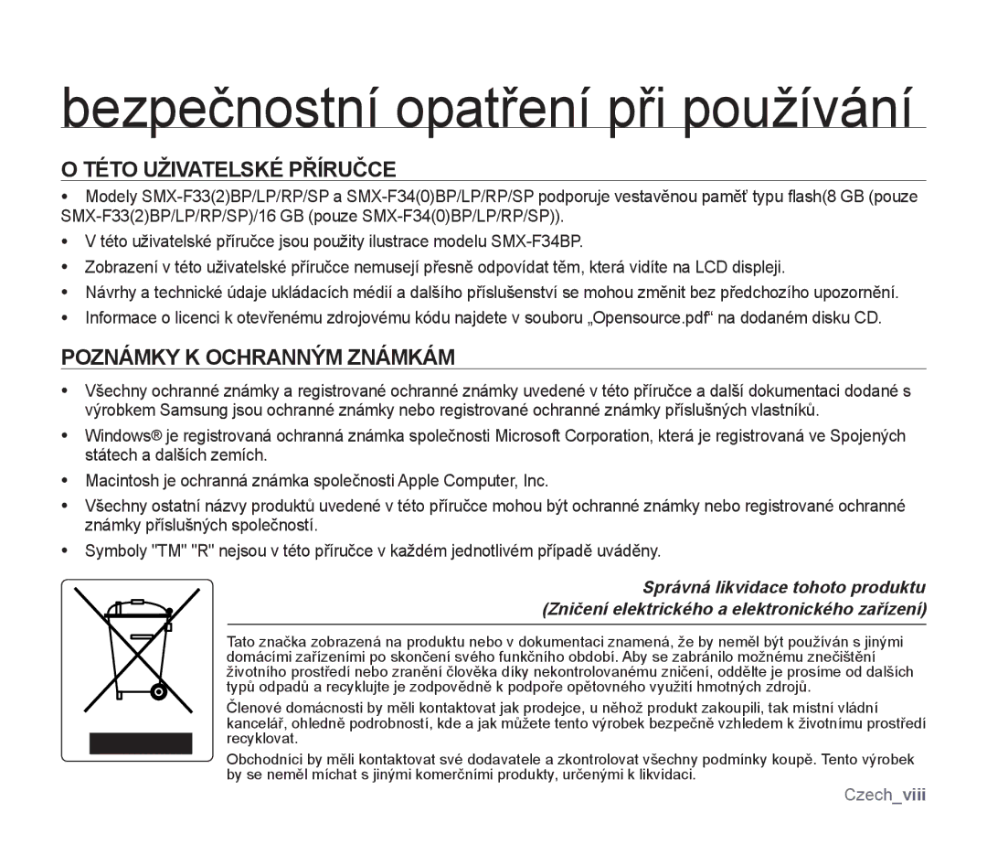 Samsung SMX-F33SP/EDC, SMX-F33BP/EDC, SMX-F30SP/EDC, SMX-F30RP/EDC Této Uživatelské Příručce, Poznámky K Ochranným Známkám 