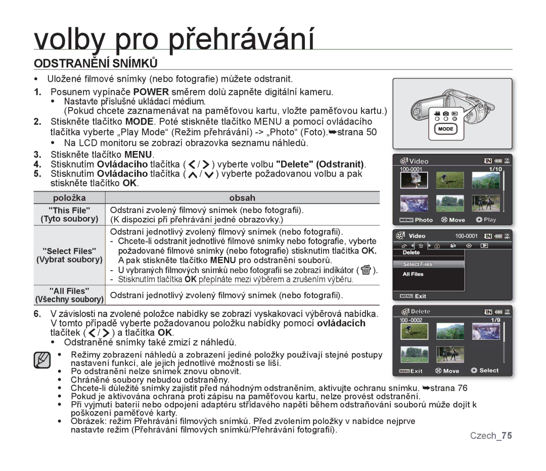 Samsung SMX-F33BP/EDC, SMX-F30SP/EDC manual Odstranění Snímků, Odstraní jednotlivý zvolený ﬁlmový snímek nebo fotograﬁi 