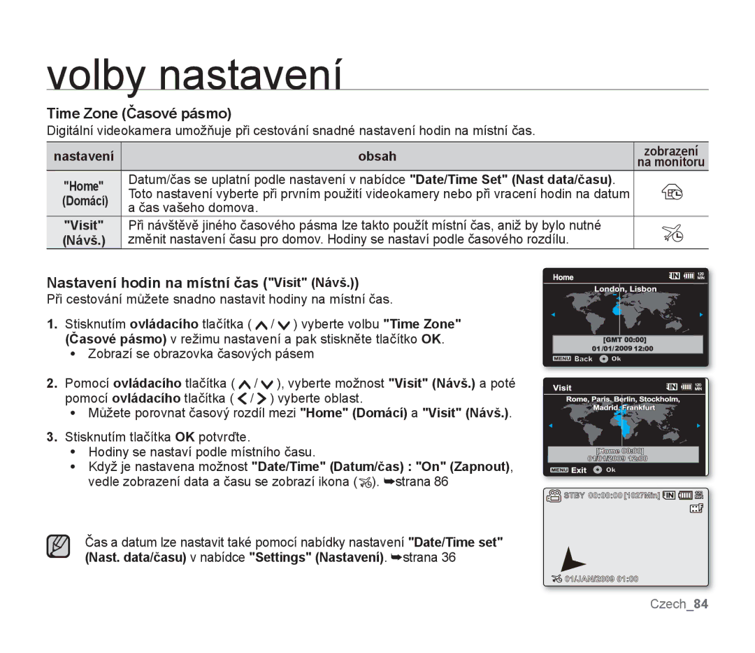 Samsung SMX-F33BP/EDC, SMX-F30SP/EDC Time Zone Časové pásmo, Nastavení hodin na místní čas Visit Návš, Čas vašeho domova 