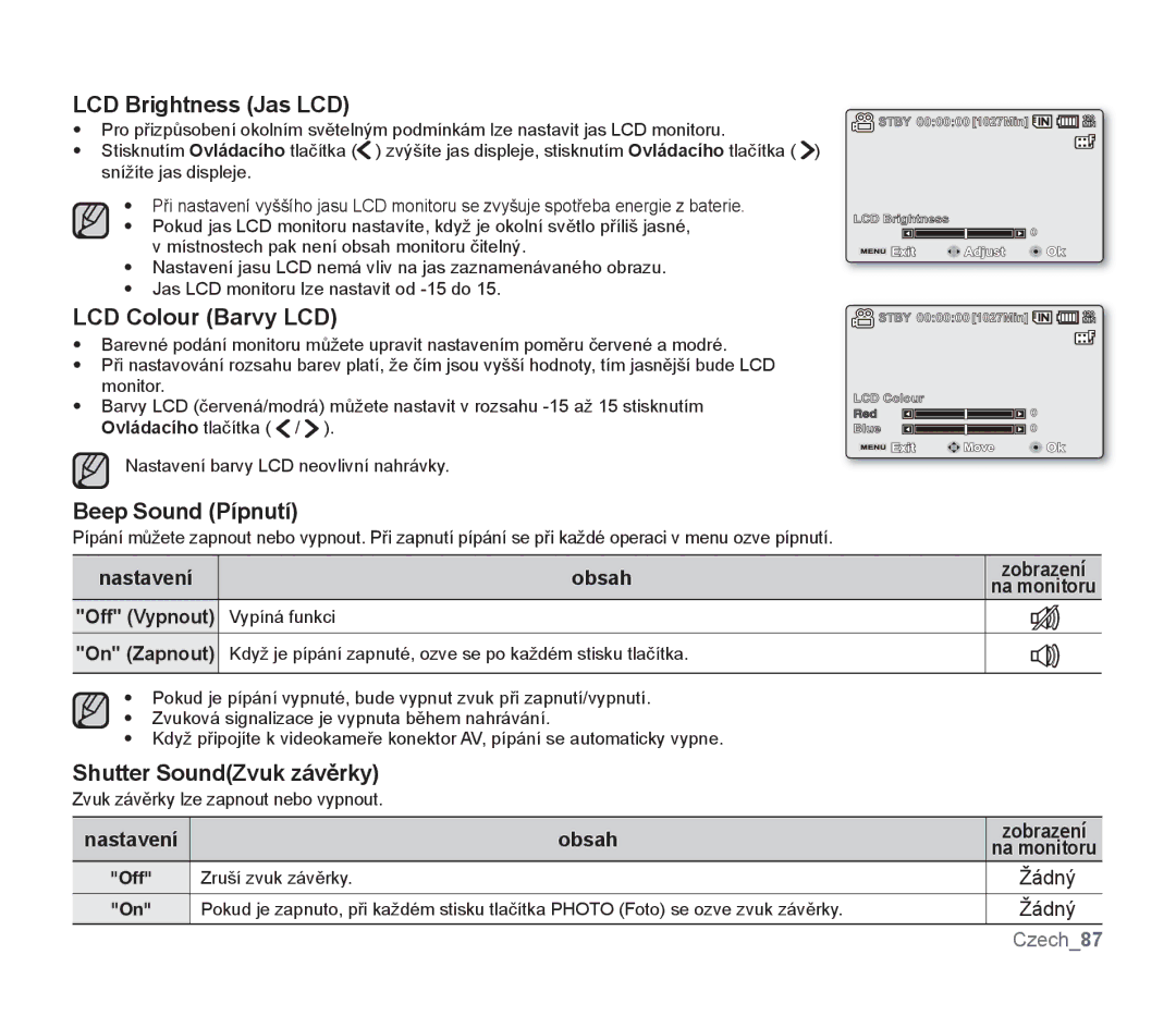 Samsung SMX-F30BP/XEU manual LCD Brightness Jas LCD, LCD Colour Barvy LCD, Beep Sound Pípnutí, Shutter SoundZvuk závěrky 