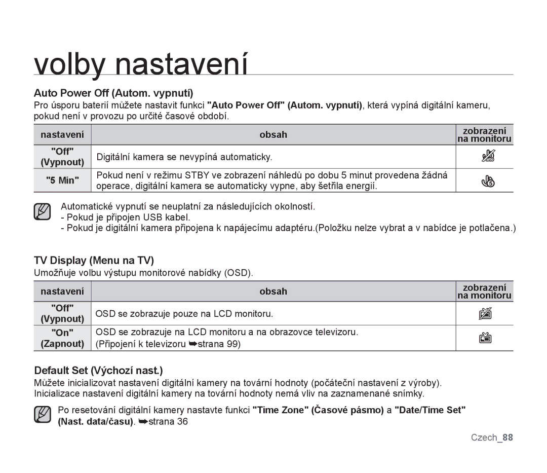 Samsung SMX-F30BP/EDC, SMX-F33BP/EDC manual Auto Power Off Autom. vypnutí, TV Display Menu na TV, Default Set Výchozí nast 