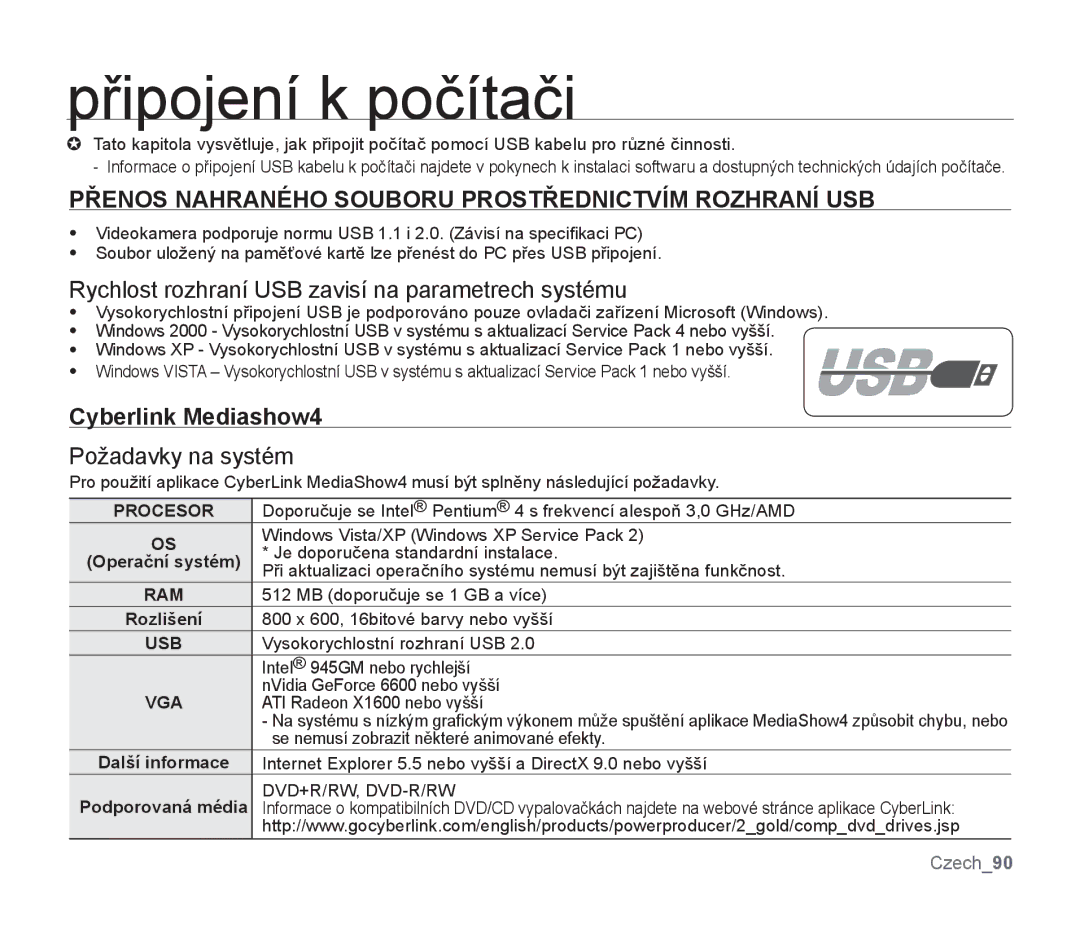 Samsung SMX-F33LP/EDC Připojení k počítači, Přenos Nahraného Souboru Prostřednictvím Rozhraní USB, Cyberlink Mediashow4 