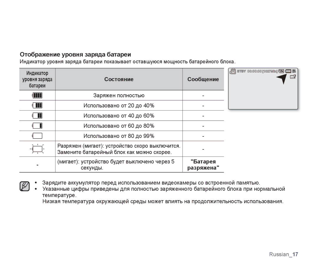 Samsung SMX-F34BP/XER, SMX-F33BP/XEB Отображение уровня заряда батареи, Замените батарейный блок как можно скорее, Секунды 