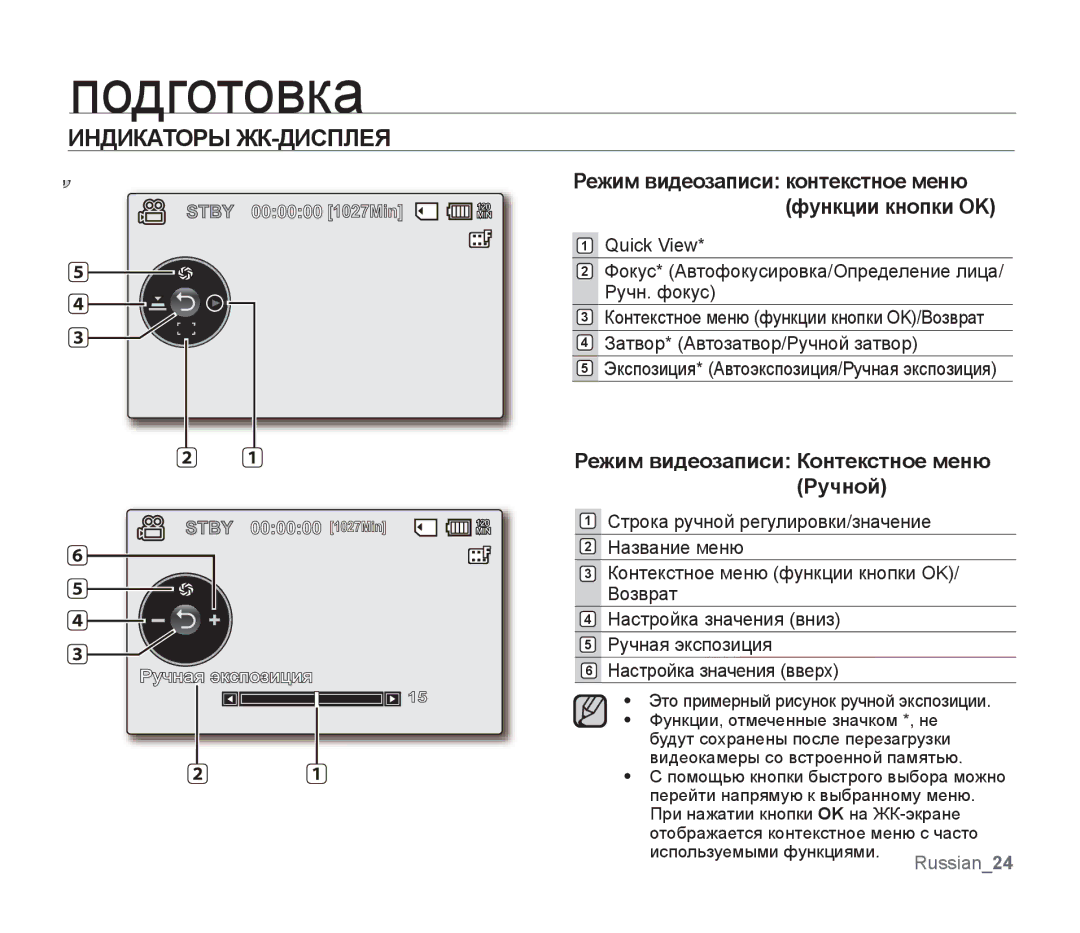 Samsung SMX-F34BP/XEK Режим видеозаписи контекстное меню функции кнопки OK, Режим видеозаписи Контекстное меню Ручной 