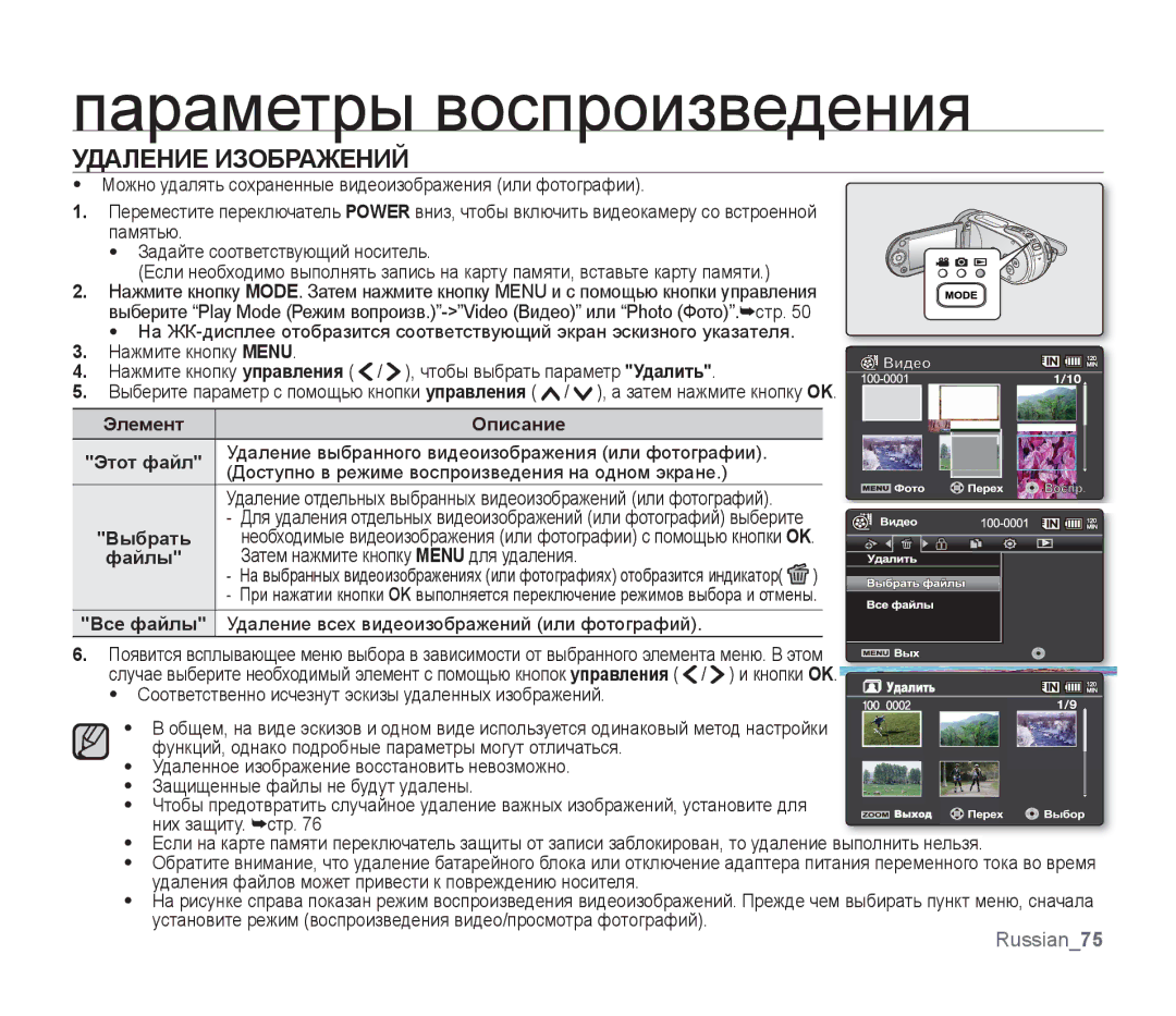 Samsung SMX-F33BP/XER, SMX-F33BP/XEB, SMX-F30LP/XEB manual Удаление Изображений, Элемент Описание Этот файл, Выбрать, Файлы 