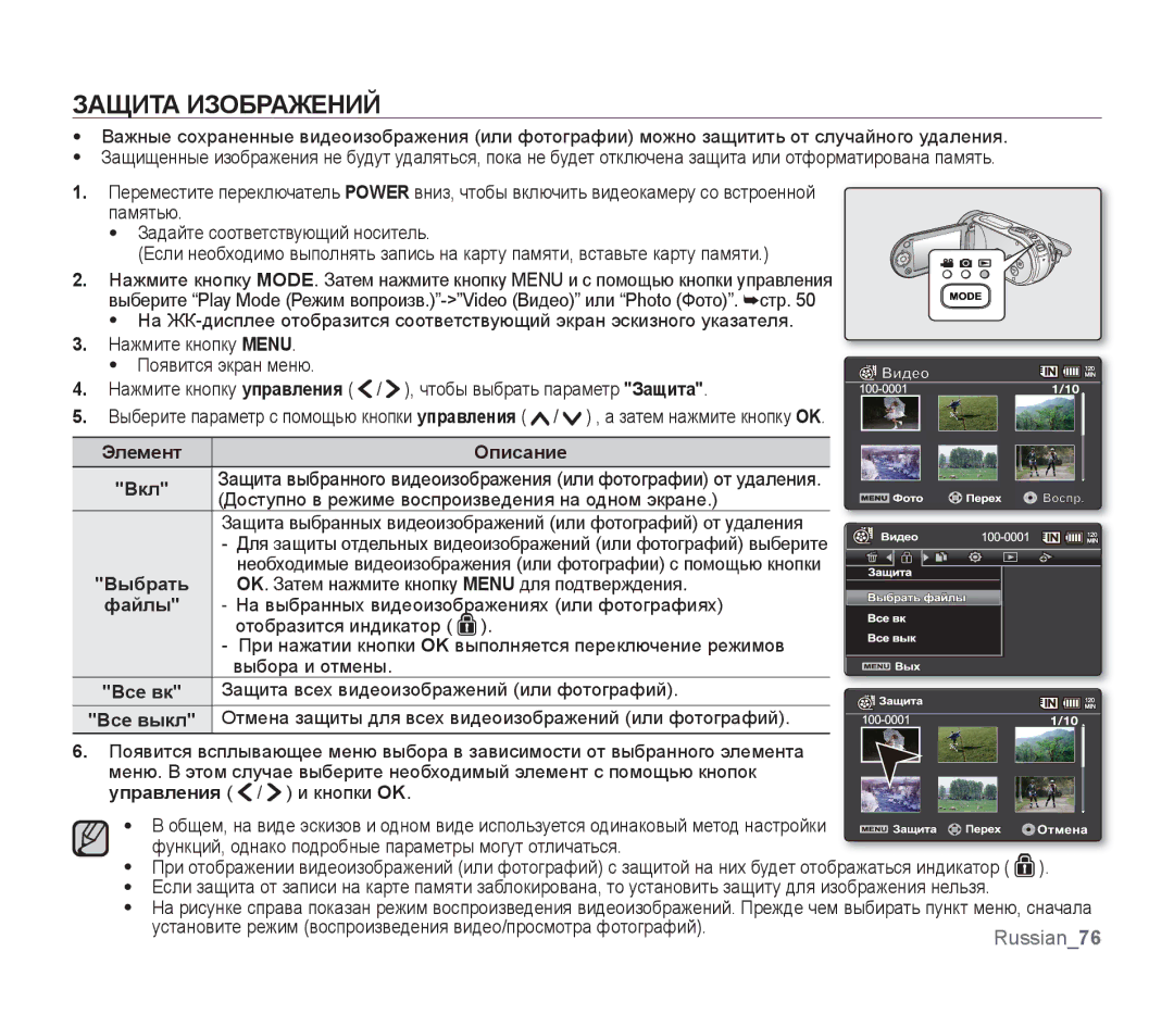 Samsung SMX-F30BP/XEK, SMX-F33BP/XEB, SMX-F30LP/XEB, SMX-F30BP/XEB, SMX-F30BP/XER Защита Изображений, Элемент Описание Вкл 