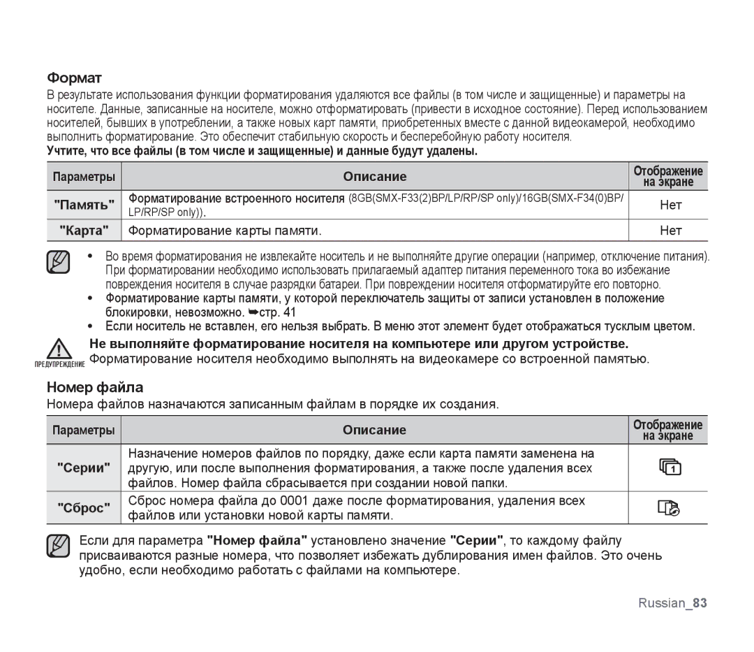 Samsung SMX-F33BP/XEK, SMX-F33BP/XEB, SMX-F30LP/XEB, SMX-F30BP/XEB manual Номер файла, Форматирование карты памяти Нет 