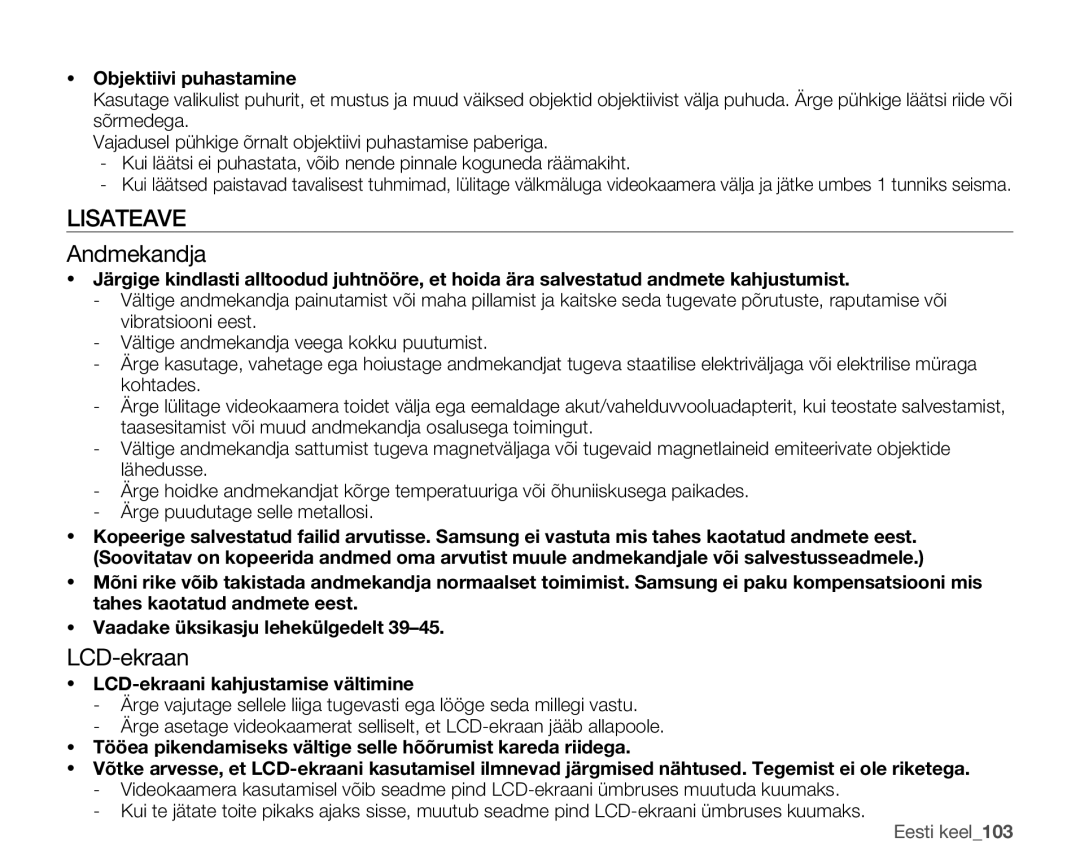 Samsung SMX-F30LP/XEB manual Lisateave, Andmekandja, Objektiivi puhastamine, LCD-ekraani kahjustamise vältimine 