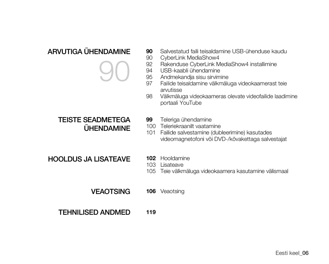 Samsung SMX-F33BP/XEB, SMX-F30LP/XEB, SMX-F30BP/XEB manual Hooldus JA Lisateave, 106, 119 