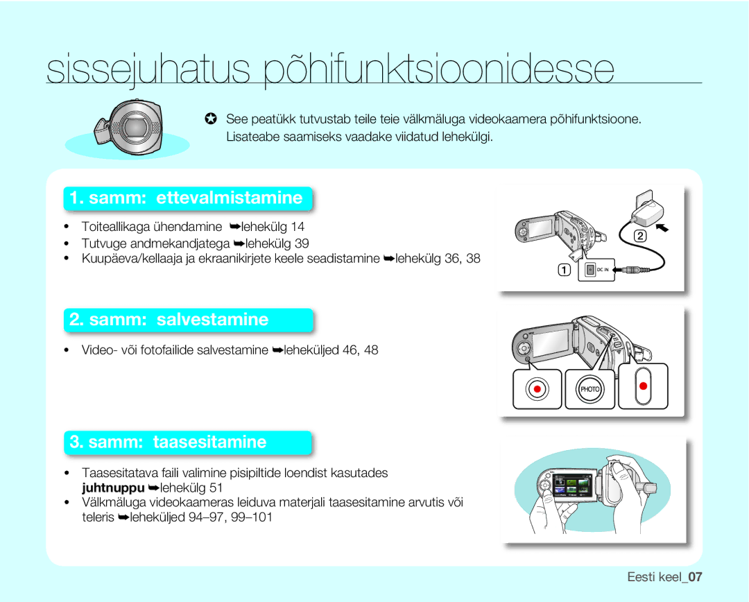 Samsung SMX-F30LP/XEB, SMX-F33BP/XEB, SMX-F30BP/XEB manual Sissejuhatus põhifunktsioonidesse, Samm ettevalmistamine 