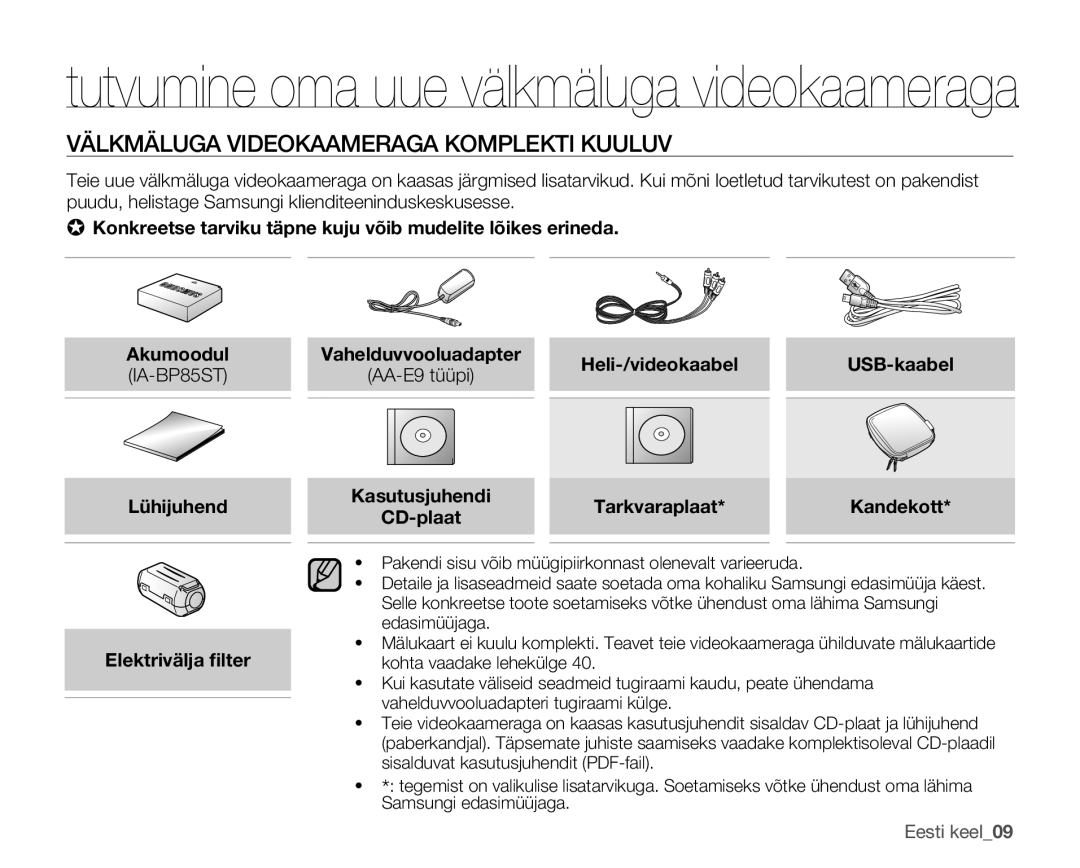 Samsung SMX-F33BP/XEB manual Tutvumine oma uue välkmäluga videokaameraga, Välkmäluga Videokaameraga Komplekti Kuuluv 