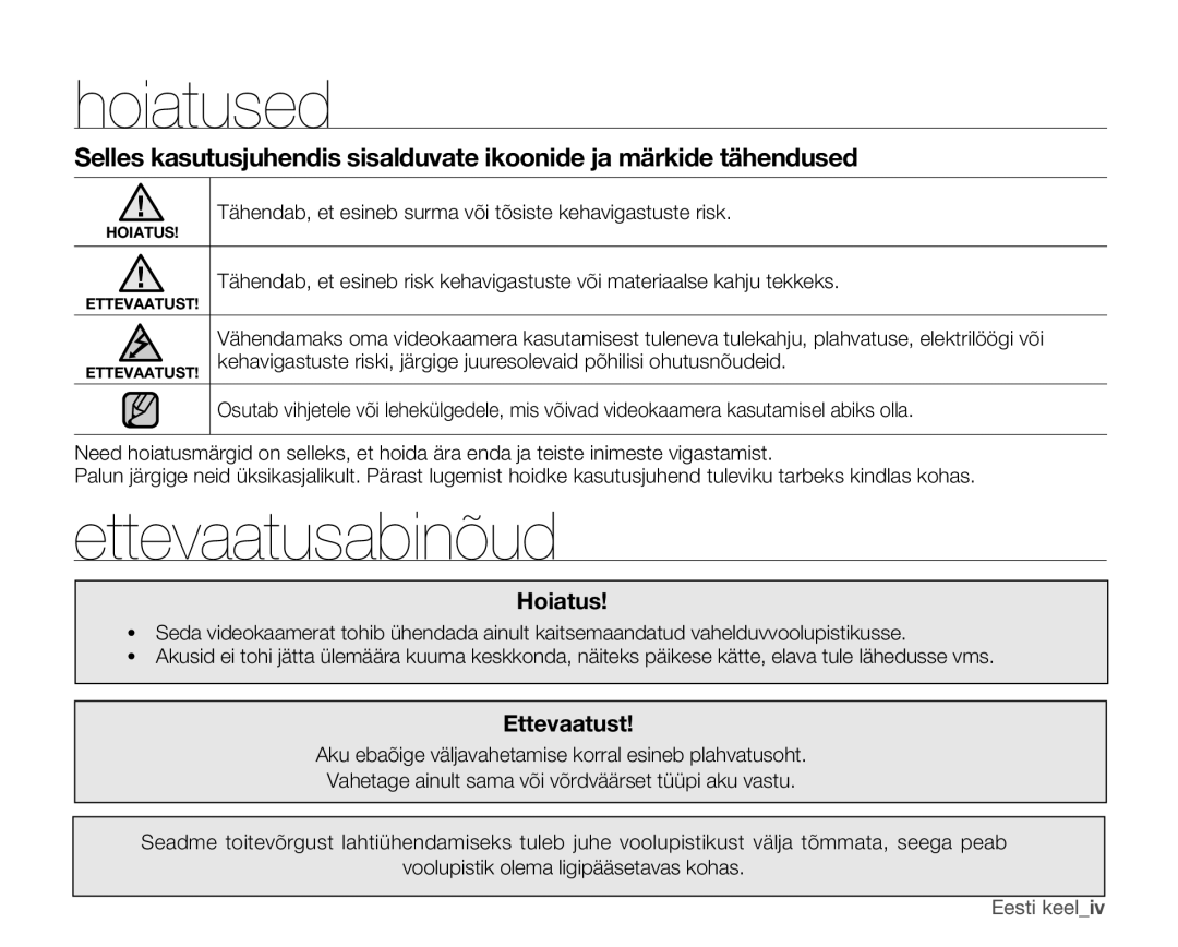 Samsung SMX-F30LP/XEB, SMX-F33BP/XEB, SMX-F30BP/XEB manual Hoiatused, Ettevaatusabinõud, Ettevaatust 