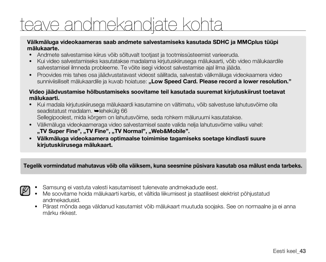 Samsung SMX-F30LP/XEB, SMX-F33BP/XEB, SMX-F30BP/XEB manual Eesti keel43 