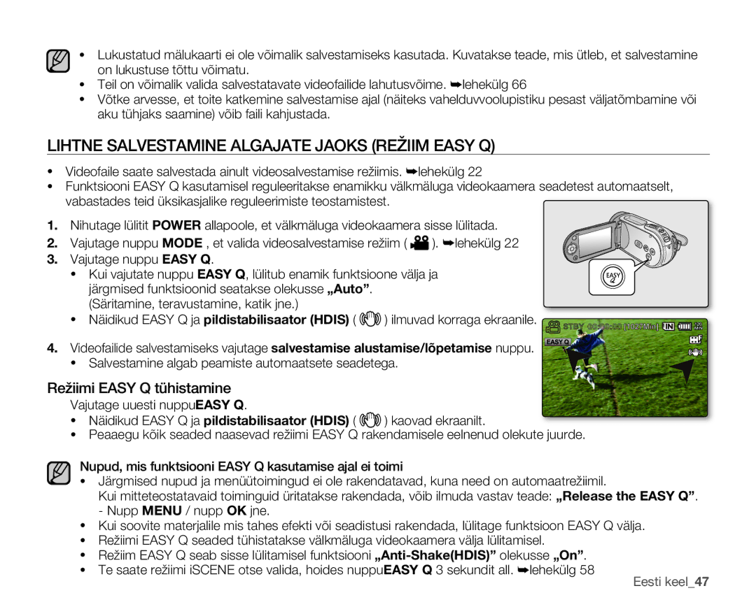 Samsung SMX-F30BP/XEB, SMX-F33BP/XEB manual Lihtne Salvestamine Algajate Jaoks Režiim Easy Q, Režiimi Easy Q tühistamine 