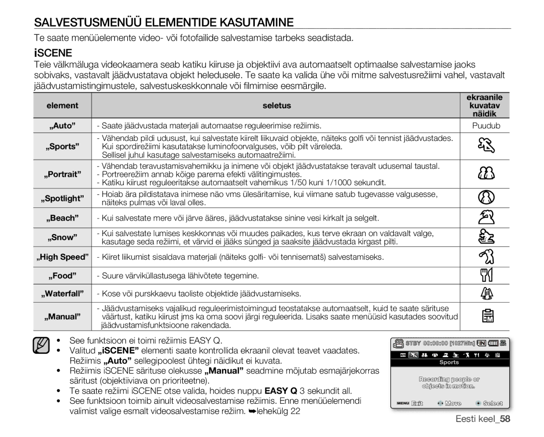 Samsung SMX-F30LP/XEB, SMX-F33BP/XEB, SMX-F30BP/XEB manual Salvestusmenüü Elementide Kasutamine, Iscene 