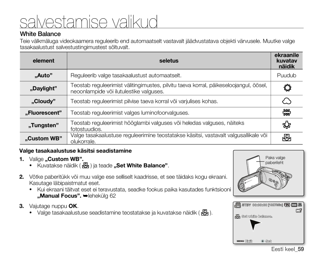 Samsung SMX-F30BP/XEB, SMX-F33BP/XEB, SMX-F30LP/XEB manual White Balance 