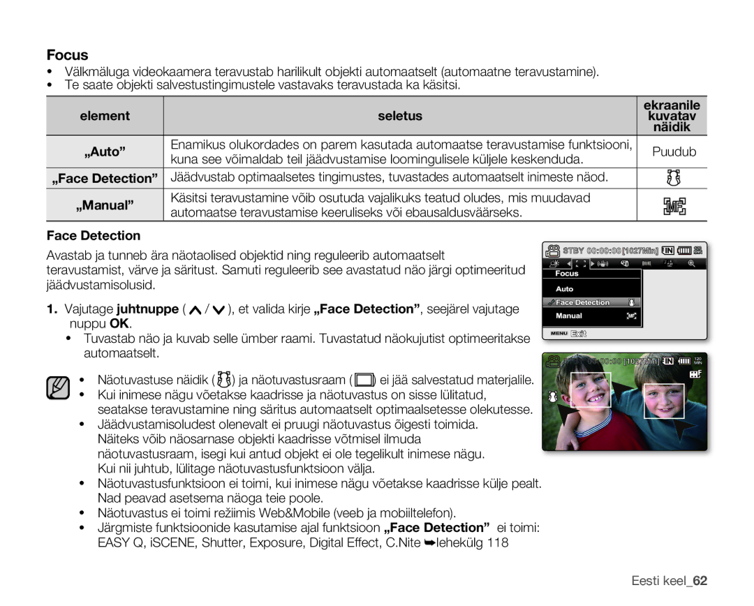 Samsung SMX-F30BP/XEB, SMX-F33BP/XEB, SMX-F30LP/XEB manual Focus, Element Seletus Ekraanile, Face Detection 