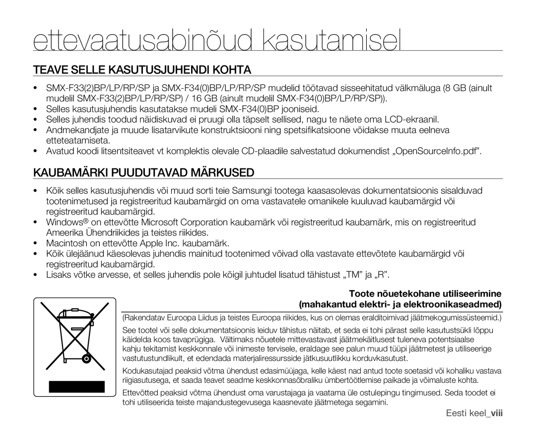 Samsung SMX-F30BP/XEB, SMX-F33BP/XEB, SMX-F30LP/XEB manual Teave Selle Kasutusjuhendi Kohta, Kaubamärki Puudutavad Märkused 