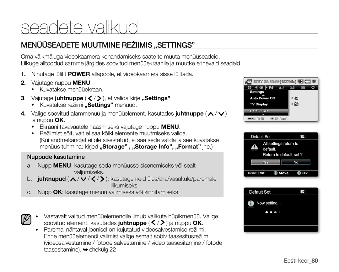 Samsung SMX-F30BP/XEB, SMX-F33BP/XEB, SMX-F30LP/XEB manual Seadete valikud, Menüüseadete Muutmine Režiimis „SETTINGS 