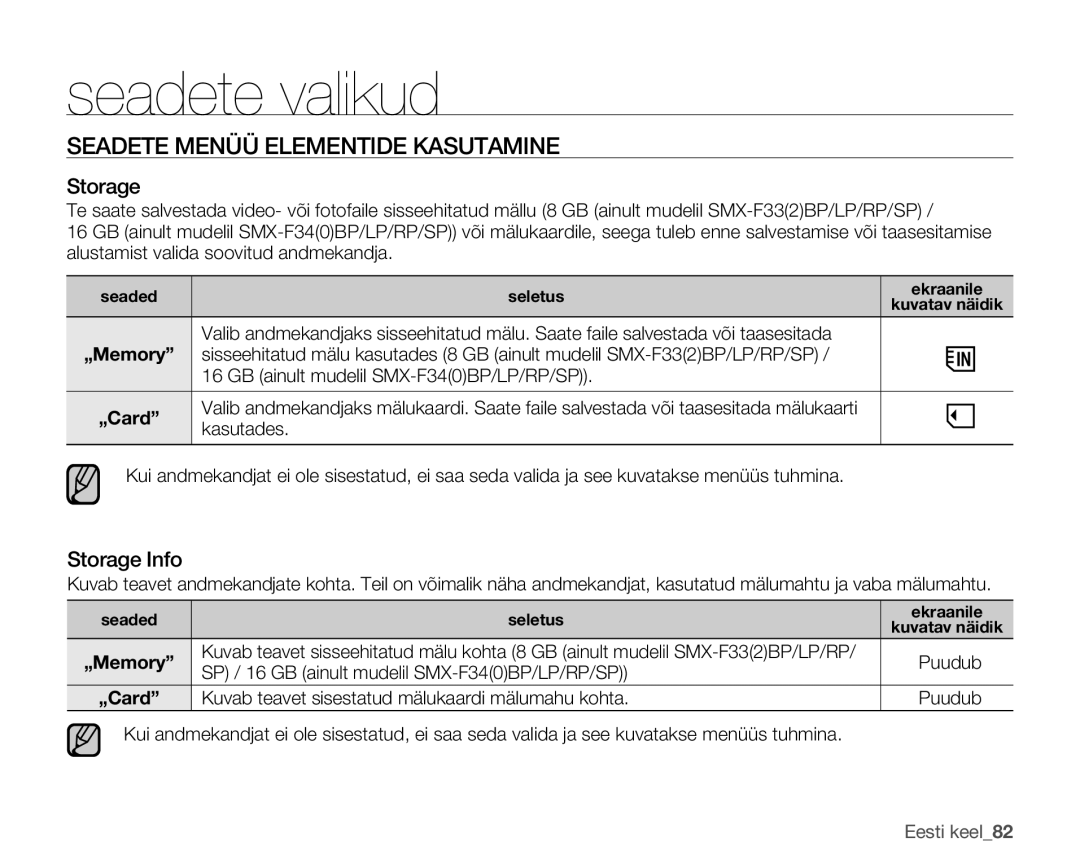 Samsung SMX-F30LP/XEB, SMX-F33BP/XEB, SMX-F30BP/XEB manual Seadete Menüü Elementide Kasutamine, Storage Info 