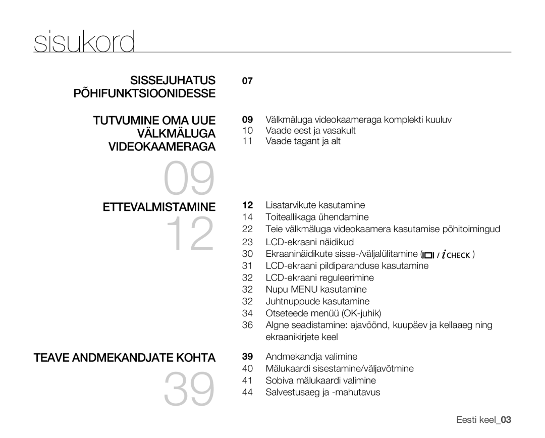 Samsung SMX-F33BP/XEB, SMX-F30LP/XEB, SMX-F30BP/XEB manual Sisukord 