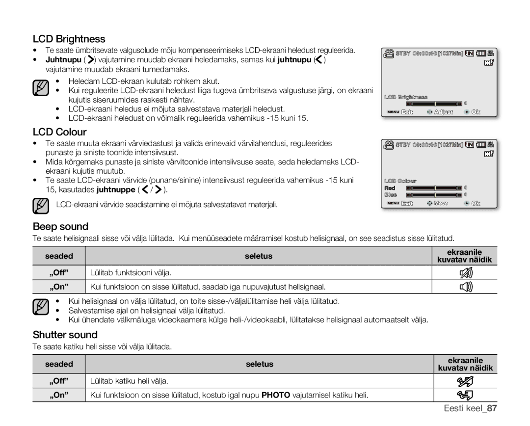 Samsung SMX-F33BP/XEB, SMX-F30LP/XEB, SMX-F30BP/XEB manual LCD Brightness, LCD Colour, Beep sound, Shutter sound 