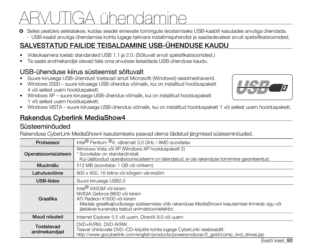 Samsung SMX-F33BP/XEB, SMX-F30LP/XEB manual Arvutiga ühendamine, Salvestatud Failide Teisaldamine USB-ÜHENDUSE Kaudu 