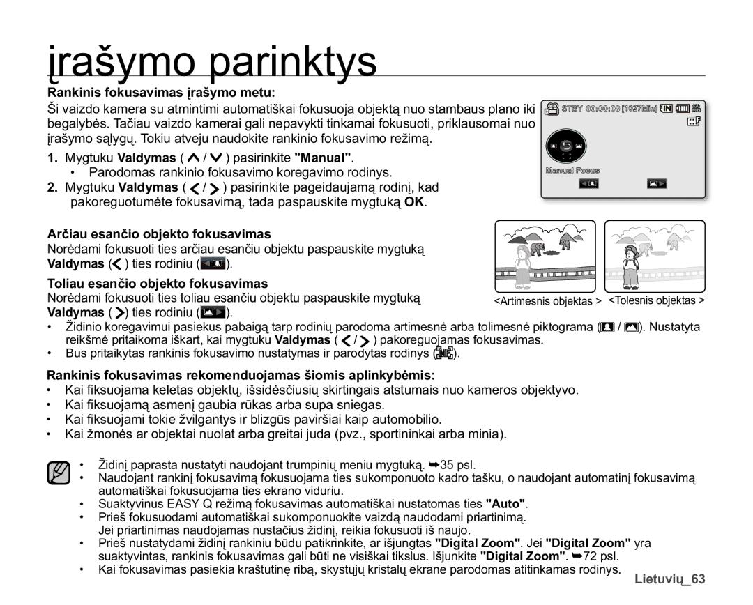 Samsung SMX-F33BP/XEB, SMX-F30LP/XEB manual 5DQNLQLVIRNXVDYLPDVƳUDã\PRPHWX, $UþLDXHVDQþLRREMHNWRIRNXVDYLPDV, Valdymas 