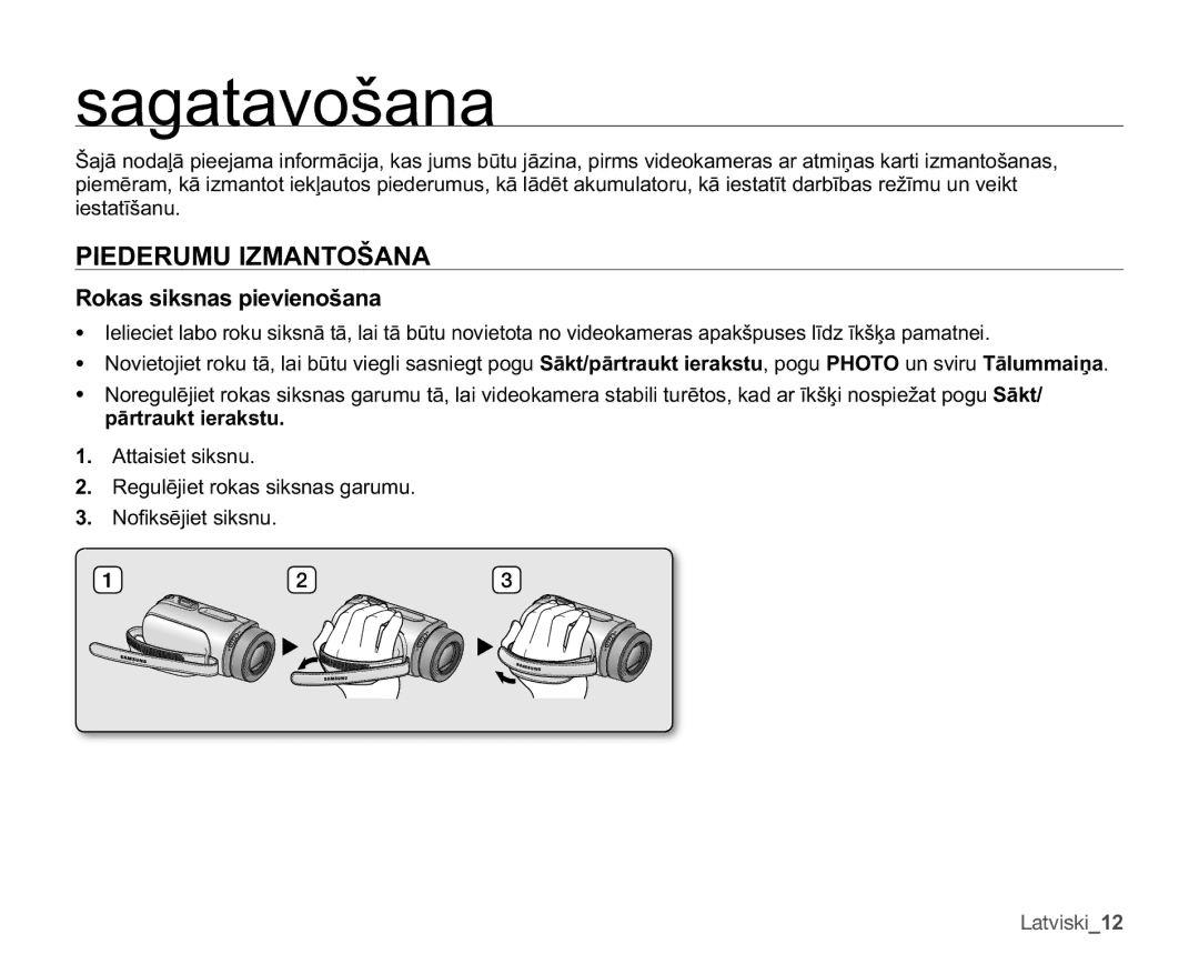 Samsung SMX-F33BP/XEB Piederumu Izmantošana, 5RNDVVLNVQDVSLHYLHQRãDQD, LHVWDWƯãDQX, SɨuwudxnwLhudnvwx, Latviski12 