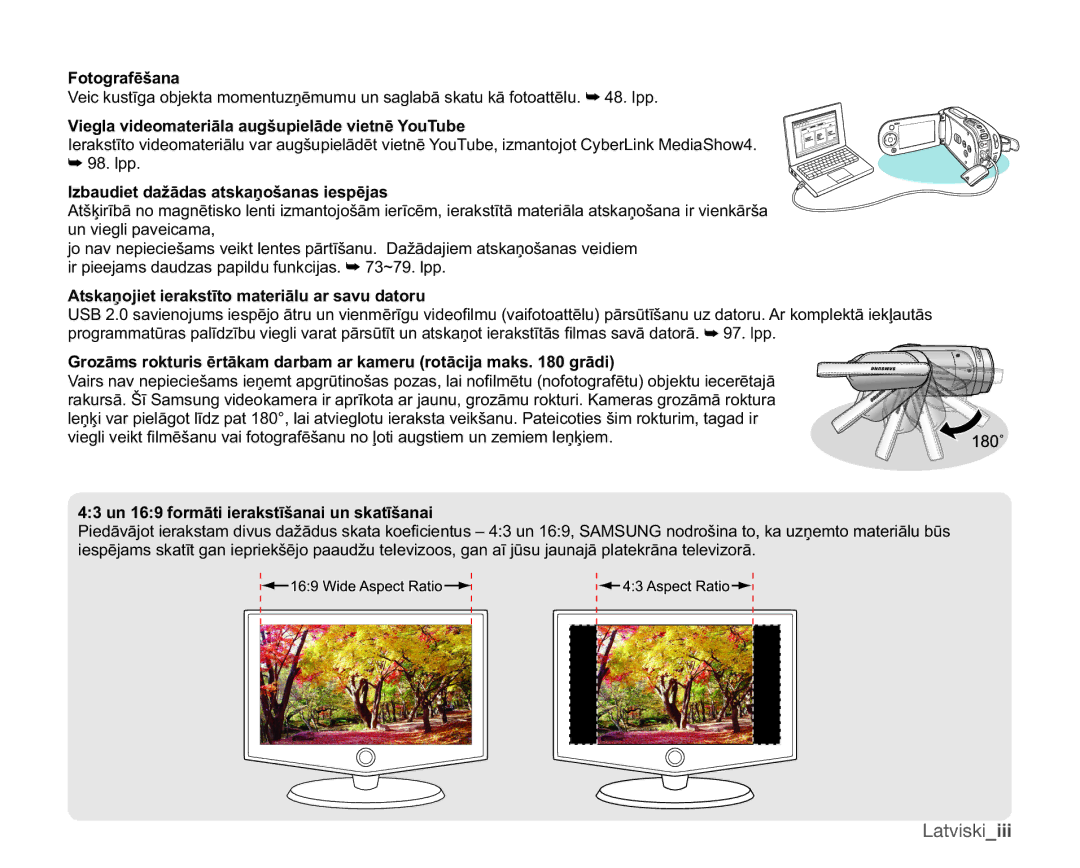 Samsung SMX-F33BP/XEB, SMX-F30LP/XEB manual Latviskiiii, RWRJUDIƝãDQD, 9LHJODYLGHRPDWHULƗODDXJãXSLHOƗGHYLHWQƝRX7XEH 