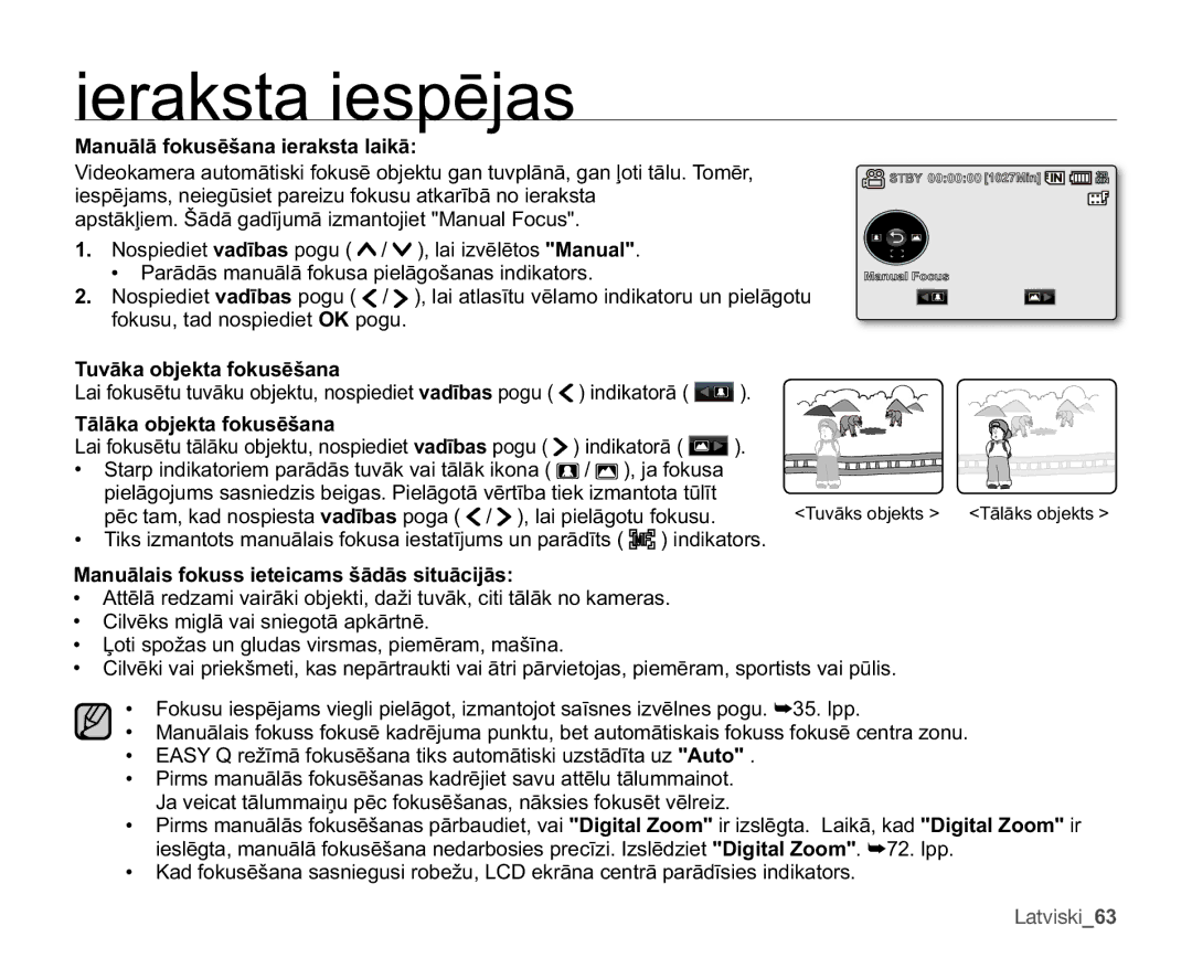 Samsung SMX-F33BP/XEB manual 0DQXƗOƗIRNXVƝãDQDLHUDNVWDODLNƗ, 7XYƗNDREMHNWDIRNXVƝãDQD, 7ƗOƗNDREMHNWDIRNXVƝãDQD 