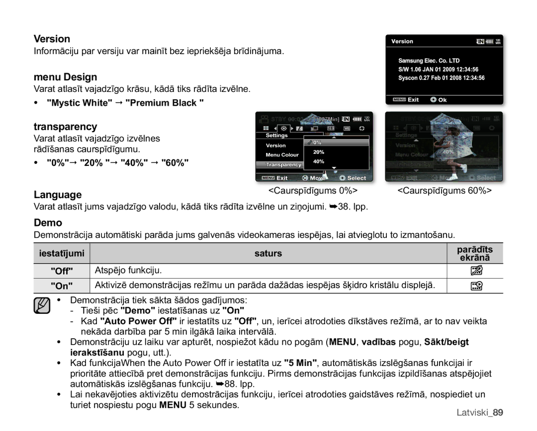 Samsung SMX-F30BP/XEB, SMX-F33BP/XEB, SMX-F30LP/XEB manual 9HUVLRQ, PhqxHvljq, Wudqvsduhqf, Hpr, $WvsɲmrIxqnflmx 