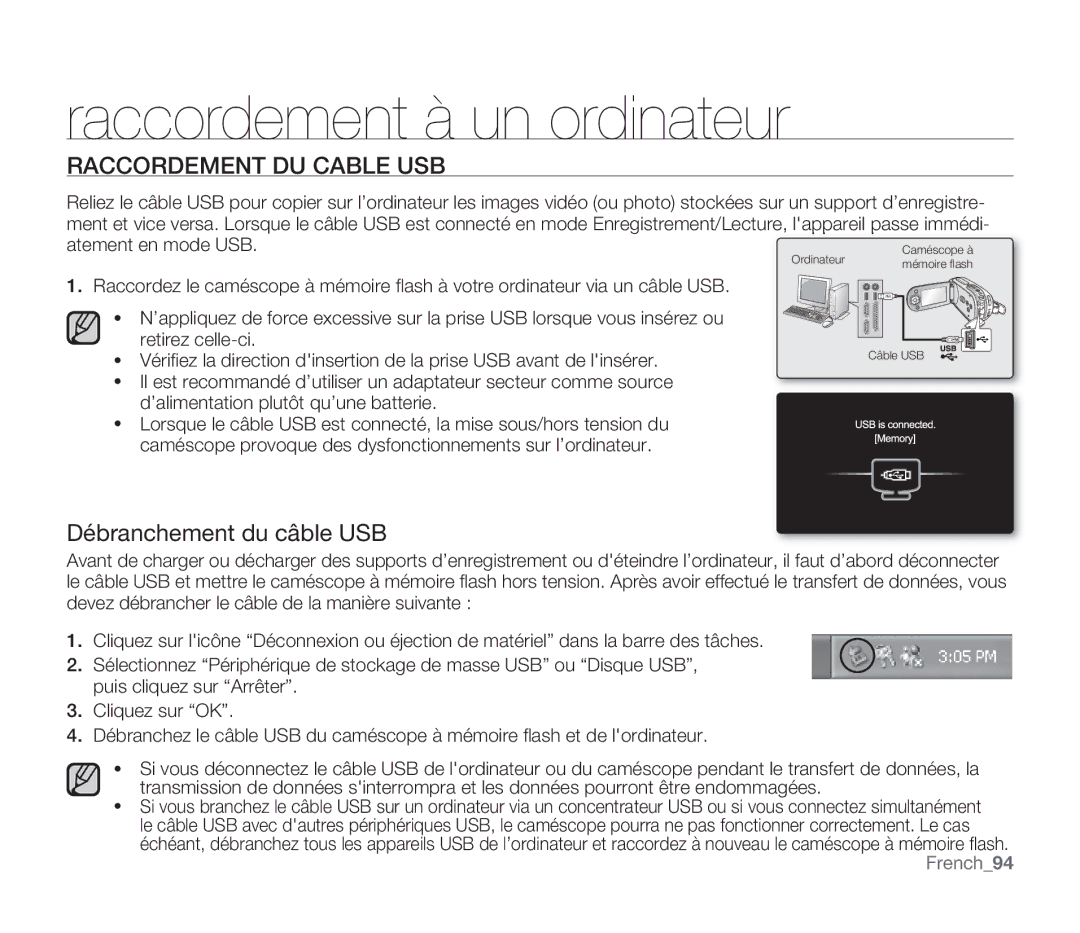 Samsung SMX-F33BP/EDC, SMX-F340BP/EDC Raccordement DU Cable USB, Débranchement du câble USB, Atement en mode USB, French94 