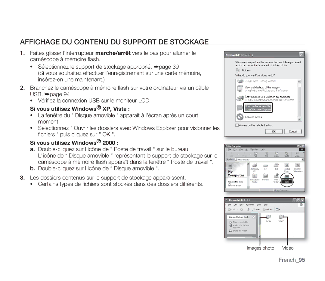 Samsung SMX-F332SP/EDC manual Affichage DU Contenu DU Support DE Stockage, Si vous utilisez Windows XP, Vista, French95 