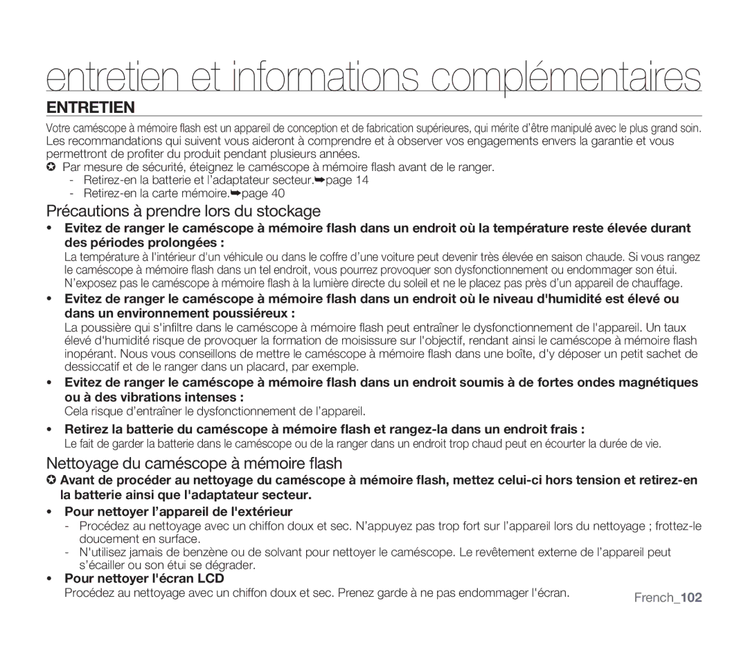 Samsung SMX-F340BP/EDC, SMX-F33BP/EDC manual Précautions à prendre lors du stockage, Nettoyage du caméscope à mémoire ﬂash 