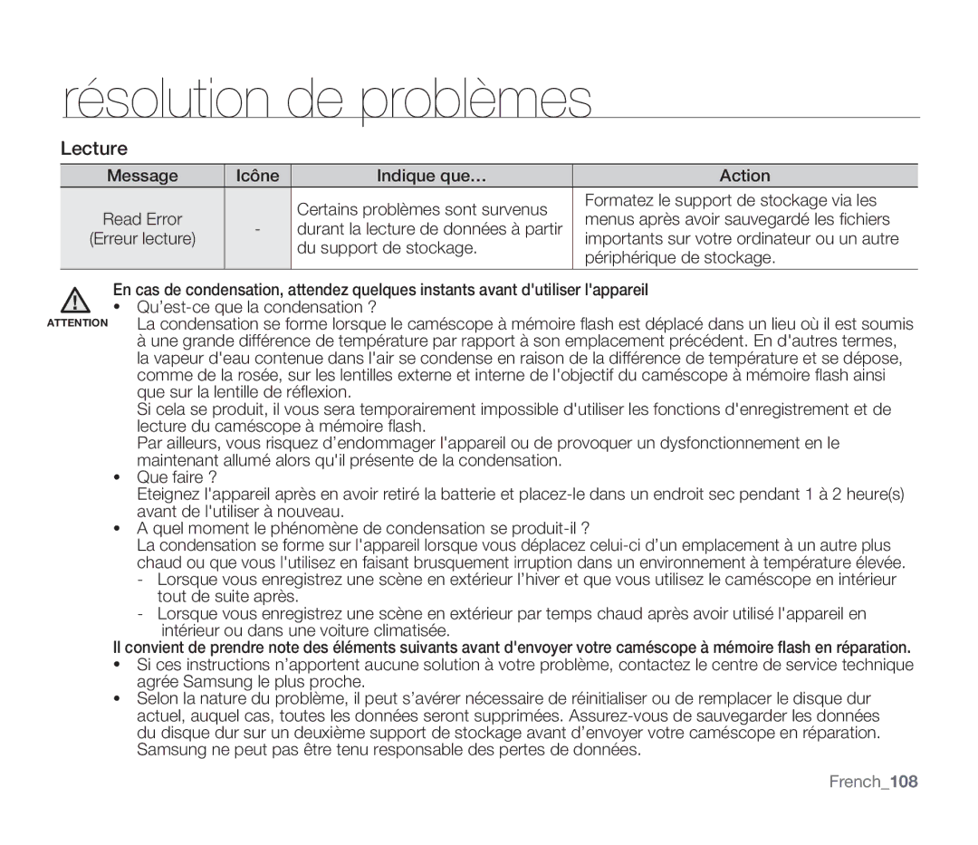 Samsung SMX-F30BP/EDC manual Lecture, Importants sur votre ordinateur ou un autre, Du support de stockage, French108 