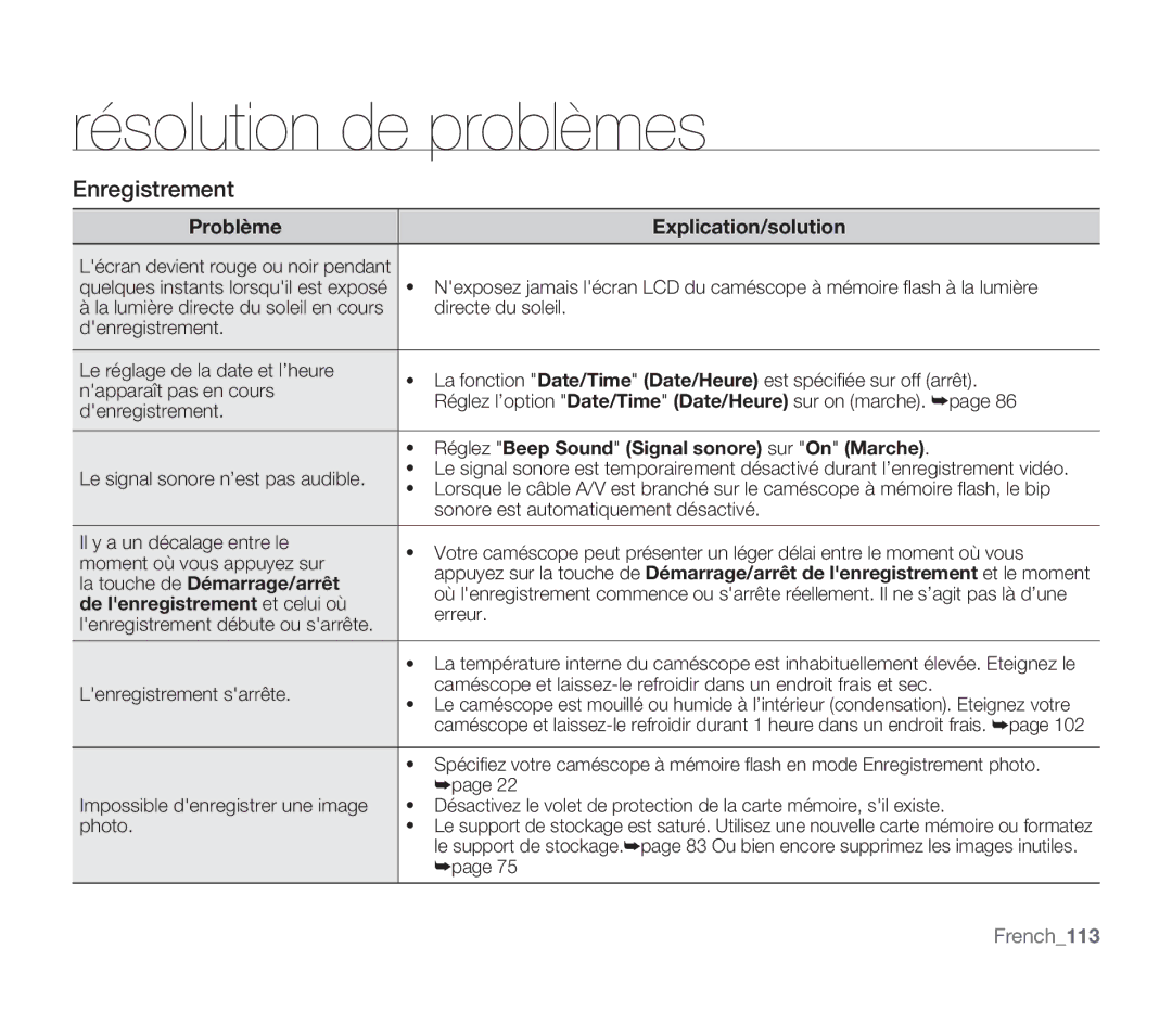 Samsung SMX-F332SP/EDC manual French113, Réglez Beep Sound Signal sonore sur On Marche, La touche de Démarrage/arrêt 