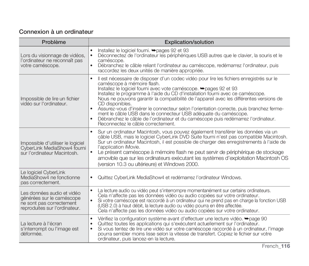 Samsung SMX-F30BP/XEU, SMX-F340BP/EDC manual Connexion à un ordinateur, Version 10.3 ou ultérieure et Windows, French116 