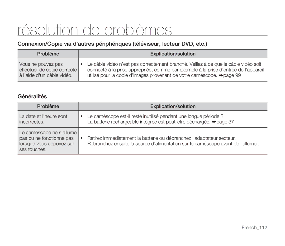 Samsung SMX-F30BP/EDC, SMX-F33BP/EDC Généralités, Problème Explication/solution Vous ne pouvez pas, Ses touches, French117 