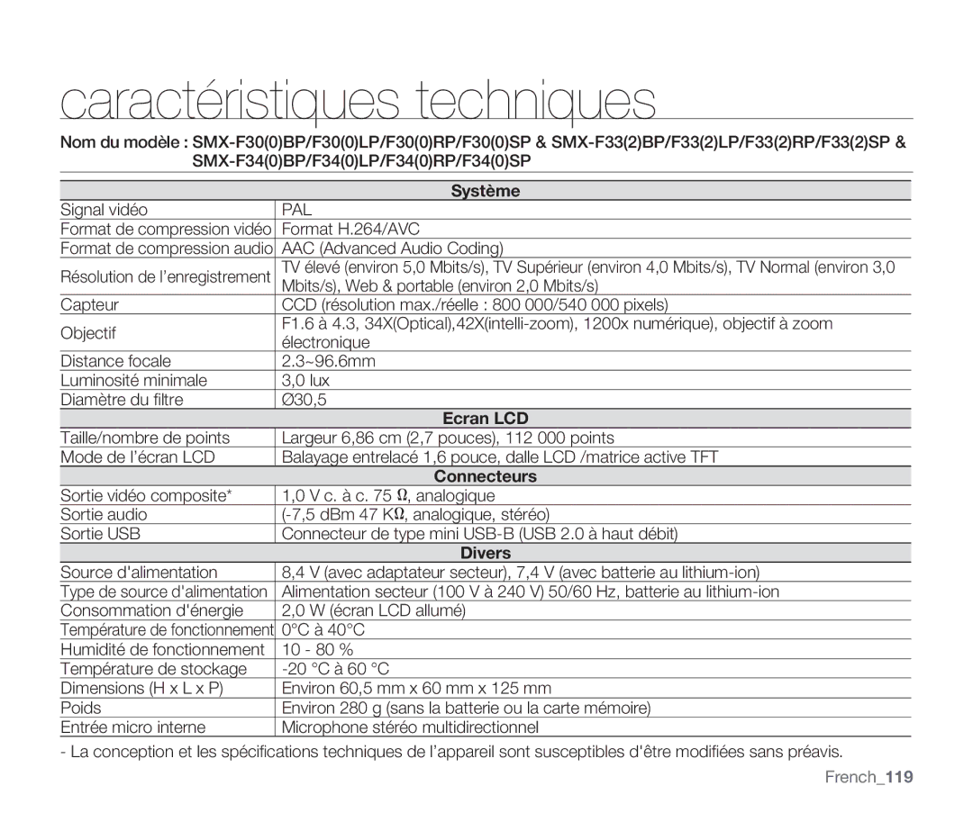 Samsung SMX-F300BP/EDC, SMX-F340BP/EDC, SMX-F33BP/EDC, SMX-F332SP/EDC manual Caractéristiques techniques, Ecran LCD, French119 