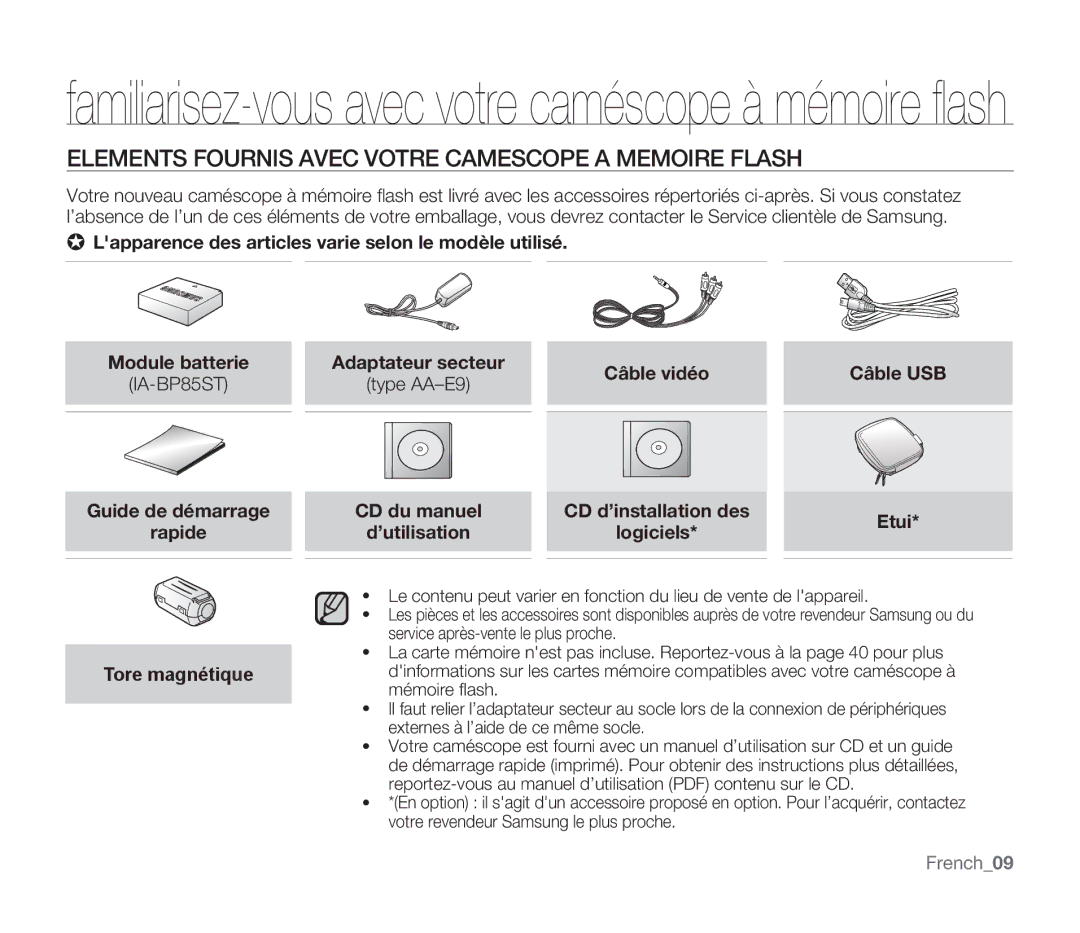 Samsung SMX-F30BP/EDC Elements Fournis Avec Votre Camescope a Memoire Flash, Guide de démarrage Rapide Tore magnétique 