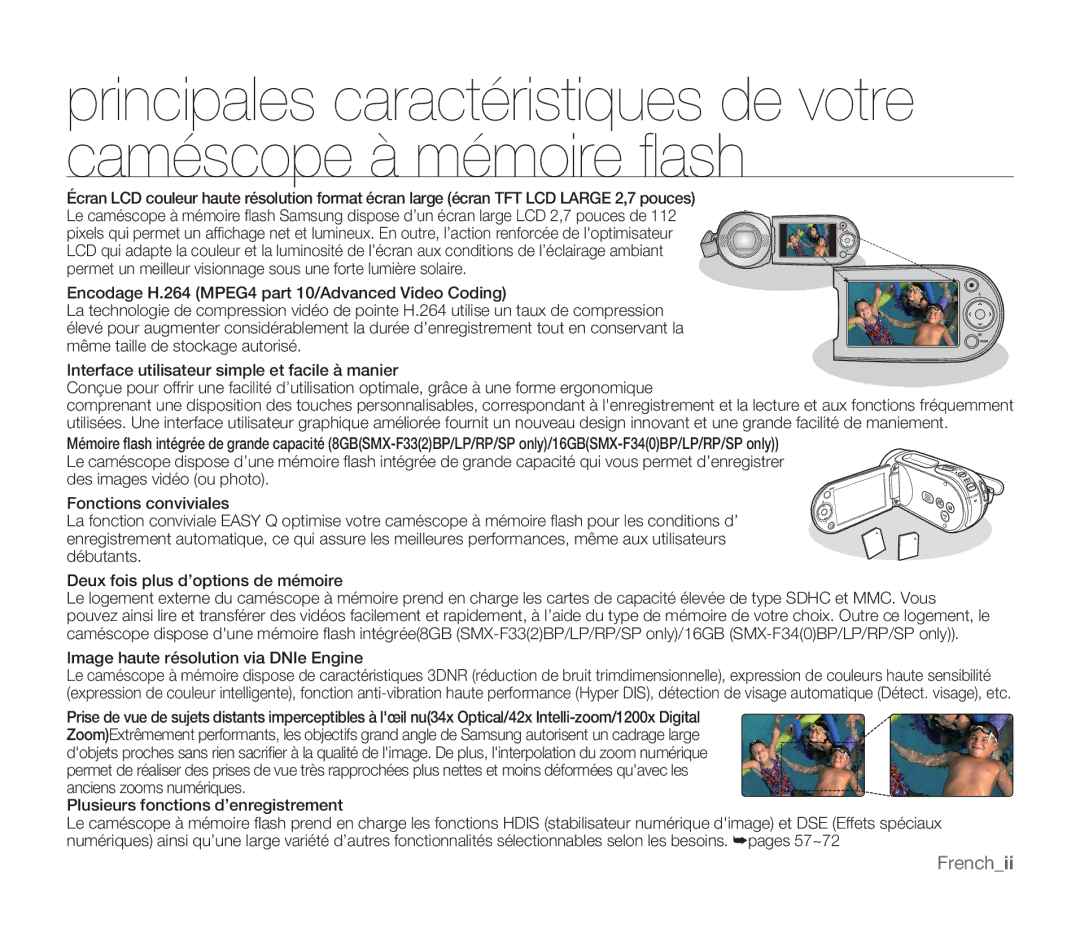 Samsung SMX-F332SP/EDC, SMX-F340BP/EDC, SMX-F33BP/EDC, SMX-F30SP/EDC manual Frenchii, Image haute résolution via DNIe Engine 