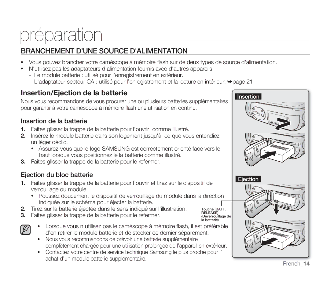 Samsung SMX-F332SP/EDC manual Branchement D’UNE Source Dalimentation, Insertion de la batterie, Ejection du bloc batterie 