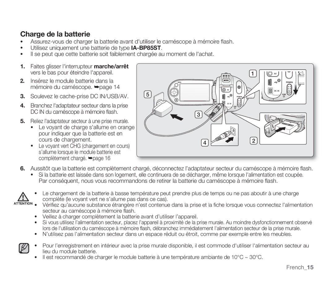 Samsung SMX-F30SP/EDC, SMX-F340BP/EDC, SMX-F33BP/EDC, SMX-F332SP/EDC, SMX-F30RP/EDC manual Charge de la batterie, French15 