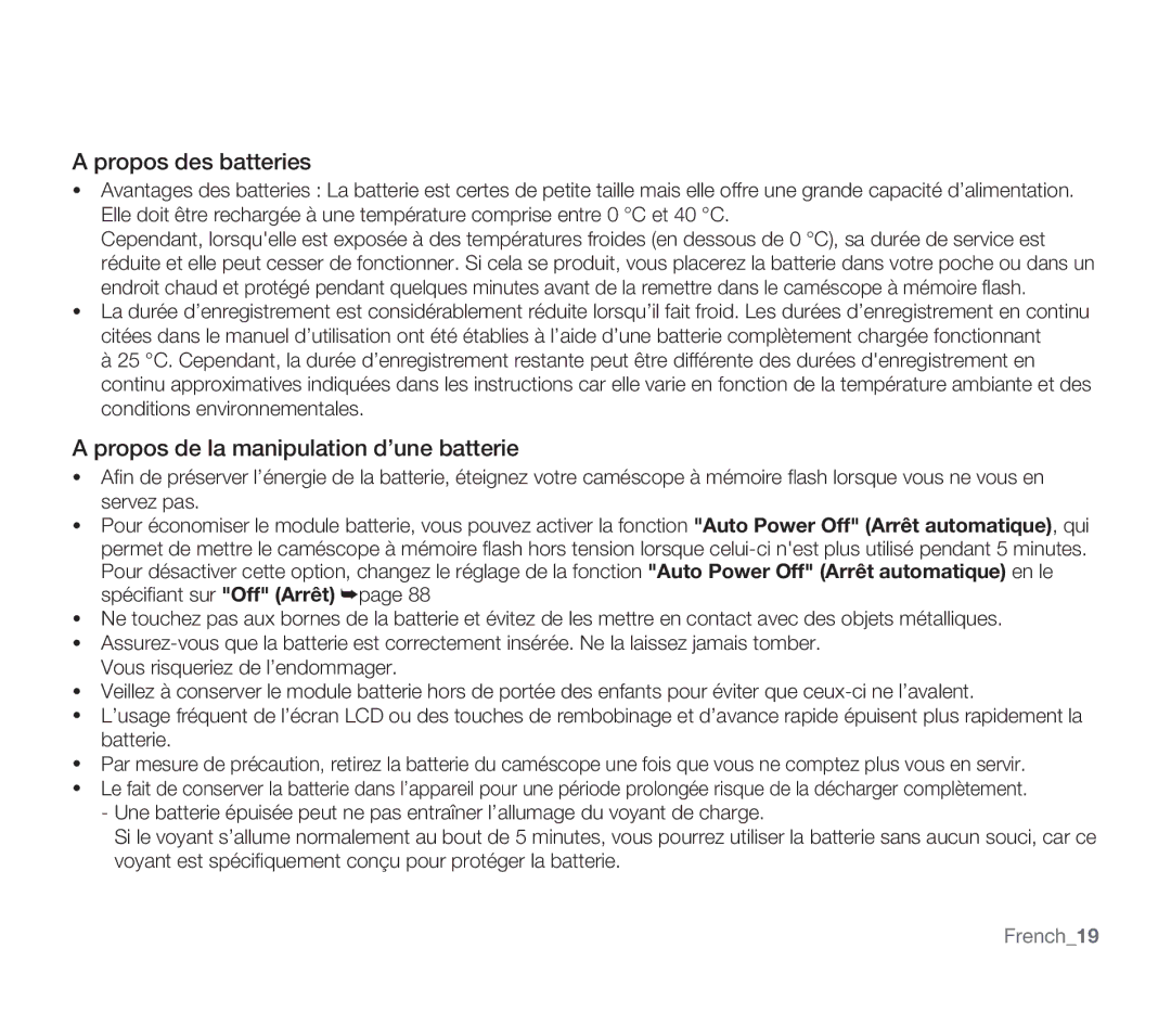 Samsung SMX-F34BP/EDC, SMX-F340BP/EDC manual Propos des batteries, Propos de la manipulation d’une batterie, French19 