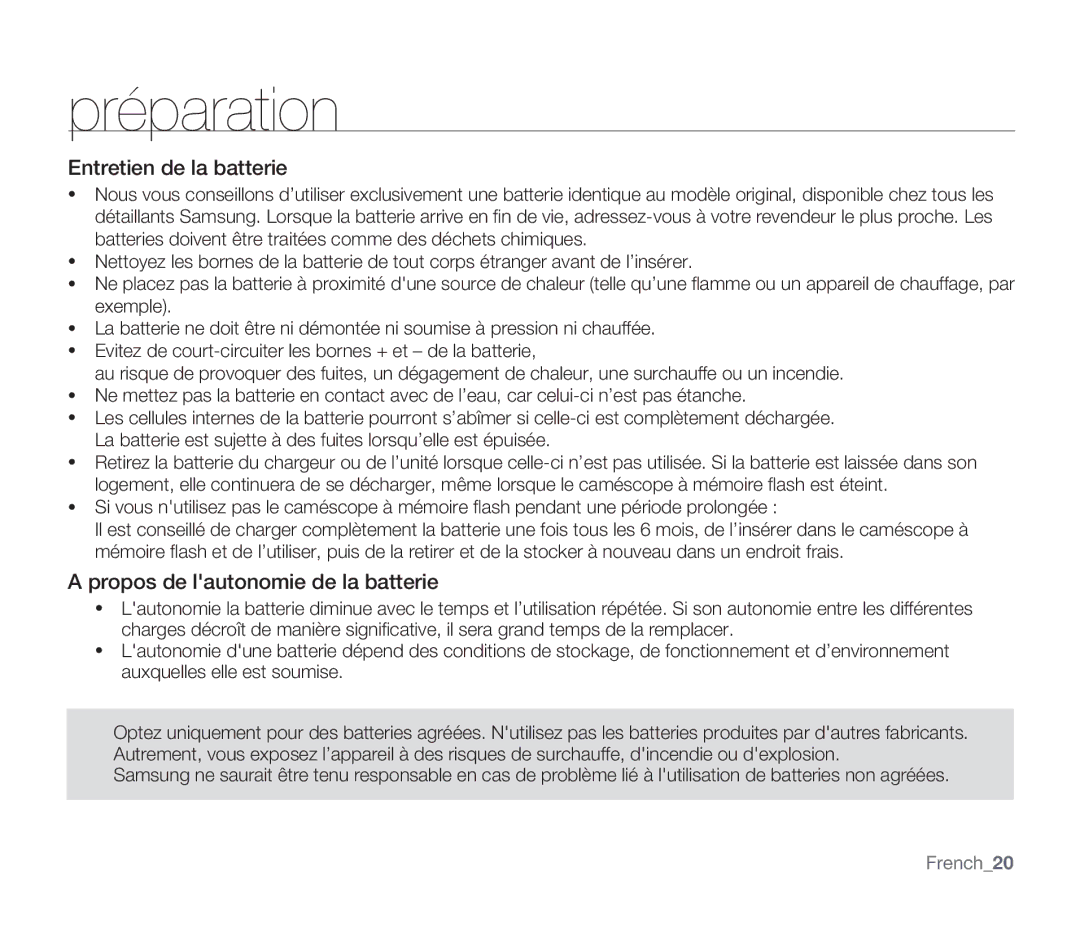 Samsung SMX-F300BP/EDC, SMX-F340BP/EDC manual Entretien de la batterie, Propos de lautonomie de la batterie, French20 